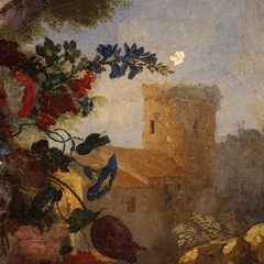 Antique Italian painting oval artwork oil on canvas still life 18th century
