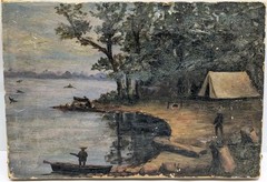 Antique Folk Art Oil Canvas Primitive Painting 1800s Campfire Lake Camping Woods