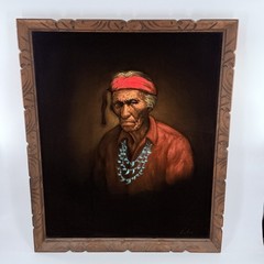 Vintage Cortez Oil Painting Native American Man Portrait Carved Wood Frame