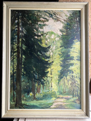 :OIL PAINTING CLEARING MEADOWS FOREST PATH RESIN FIR SKY NATURE CIRCA 1930 FRAME