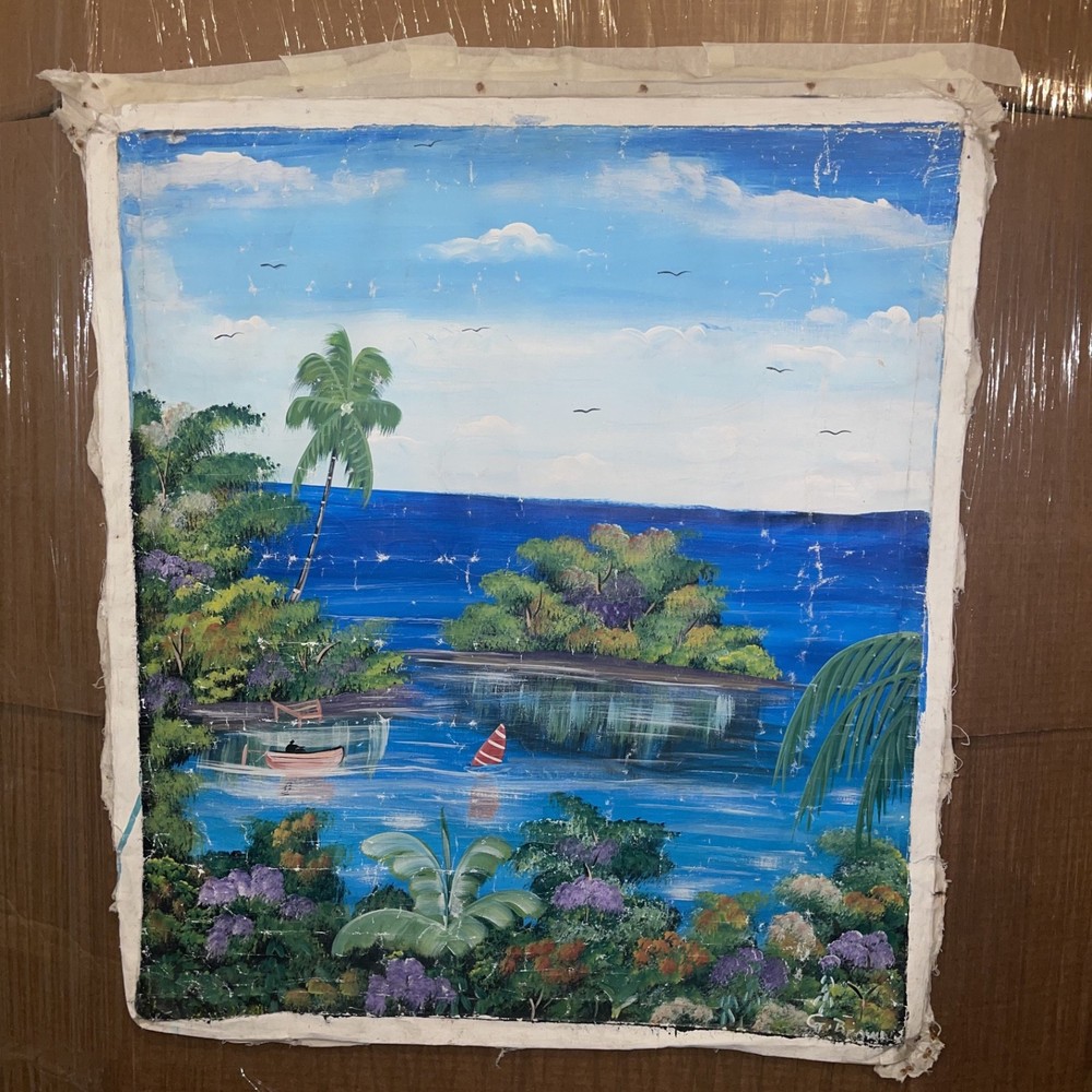 Vintage G Brown Signed Caribbean Tropical Island Canvas Art Oil Painting Picture