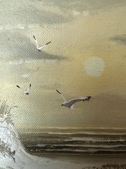 Original Framed Oil Painting Seascape Beach Boat Birds Sunset 16.75×14.5 in