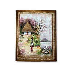 SET VTG HAND PAINTED OIL CANVAS WALL TAPESTRY PAINTING SET MCM COUNTRY FOLK ART
