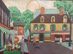 VINTAGE WOODEN RELIEF CARVING STREET SCENE VILLAGE SIGNED GENRE PAINTING FOLKART