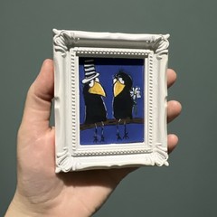 Print Of My Art Crow Raven Love funny,cute,miniature Painting,small, framed