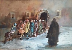 Old School in an Italian Village with Snow and Figures Original Painting signed