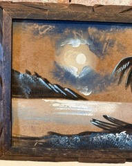 Vintage 80s Black Velvet Painting Beach Palm Trees Sunset Island Surf Art