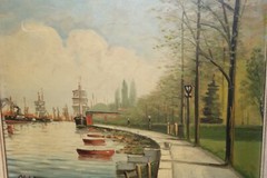 Signed Olof Andersson Swedish Scandinavian Artist Oil on Board Harbor Boat Scene