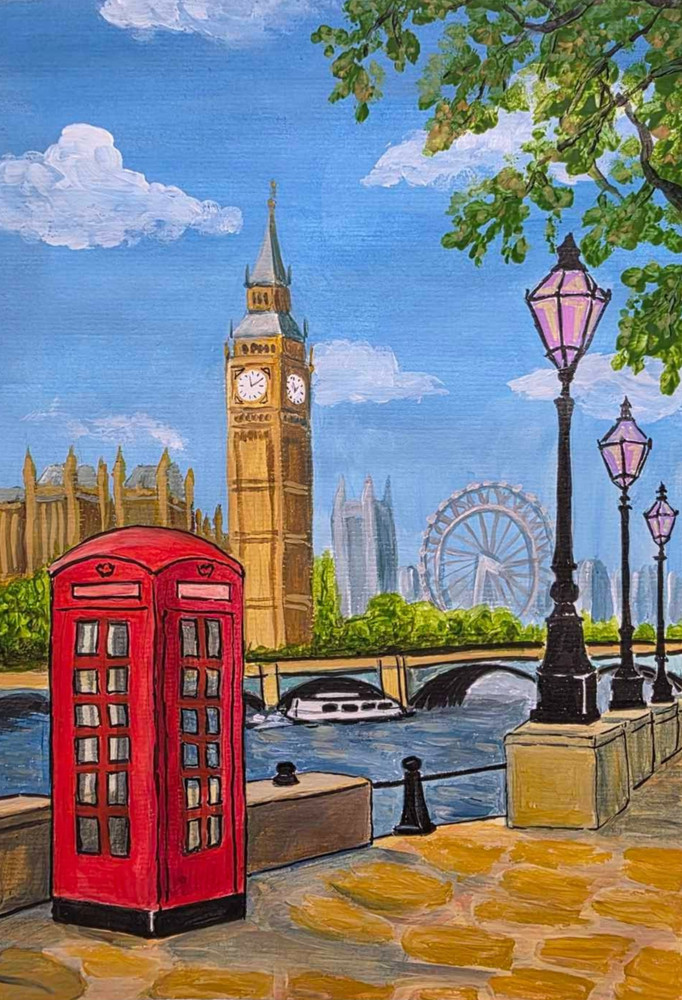 London Street Acrylic Painting Big Ben British Landmark Travel Gift А4 Art