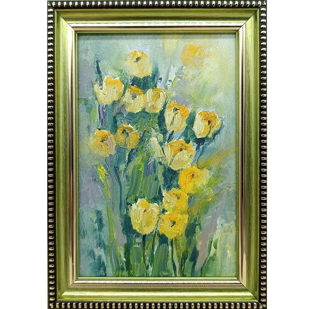 Yellow Tulips Original Oil Painting 6×4 Framed Signed Floral Spring Flowers Art