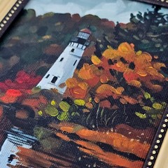 Original Oil Painting Lighthouse Autumn Lake Reflection Landscape 4×6 Framed