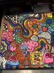 Abstract Acrylic Pen, Original, 10×10”, Featuring Sponge Bob Gang! Cute! Signed