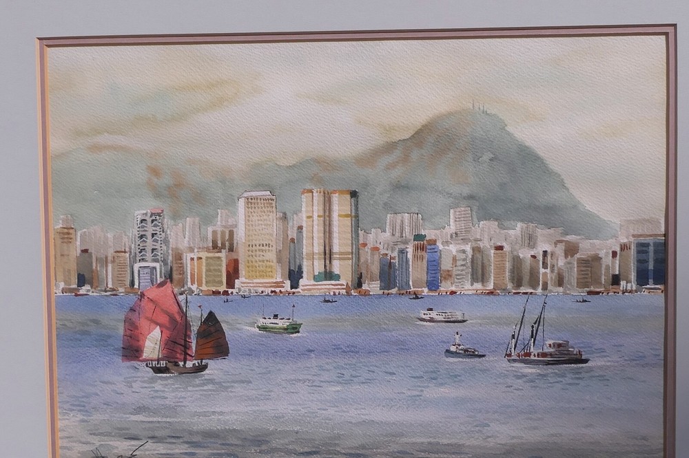 TIK LUNG ORIGINAL WATERCOLOR SIGNED 1986 VICTORIA HARBOR HONG KONG