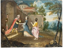 Antique European Gouache on Paper on Wood Panel