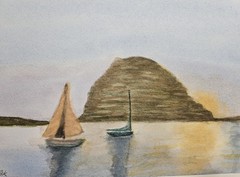 Original Watercolor Painting Sailboats Sunset Morro Rock Seascape 10×7 Signed EW