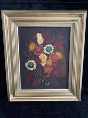 Vintage Framed Floral Still Life Oil Painting on Canvas 16×20 Dark Moody 24×28
