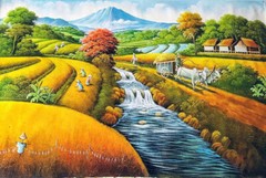 Beautiful Oil Painting of a Vibrant and Peaceful Rural Scene