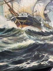 Large Vintage Oil Painting Sailing Ship in Rough Seas Signed Nautical