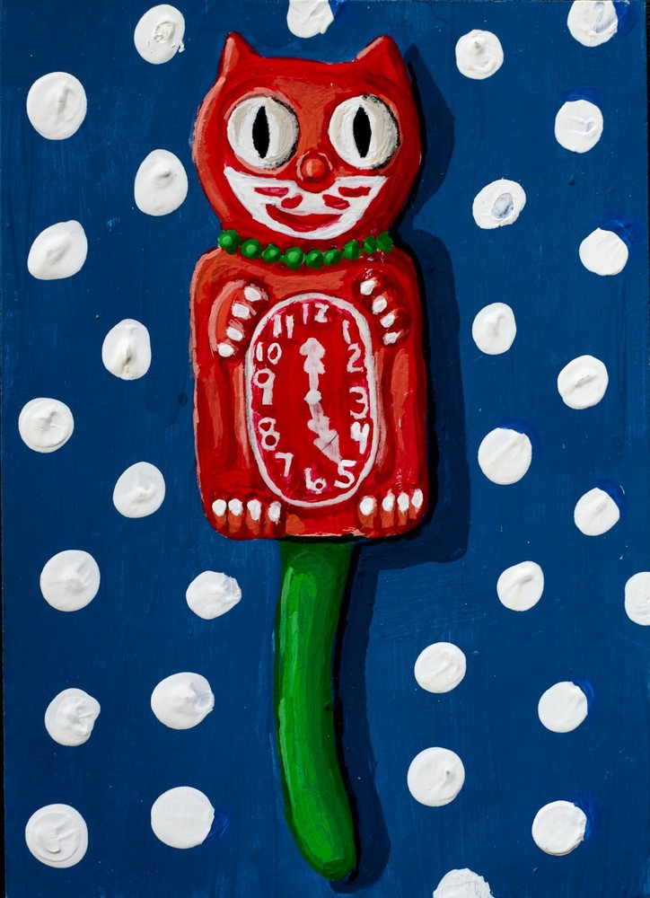 ACEO Original Tradeable Art Card Cat Clock Painting