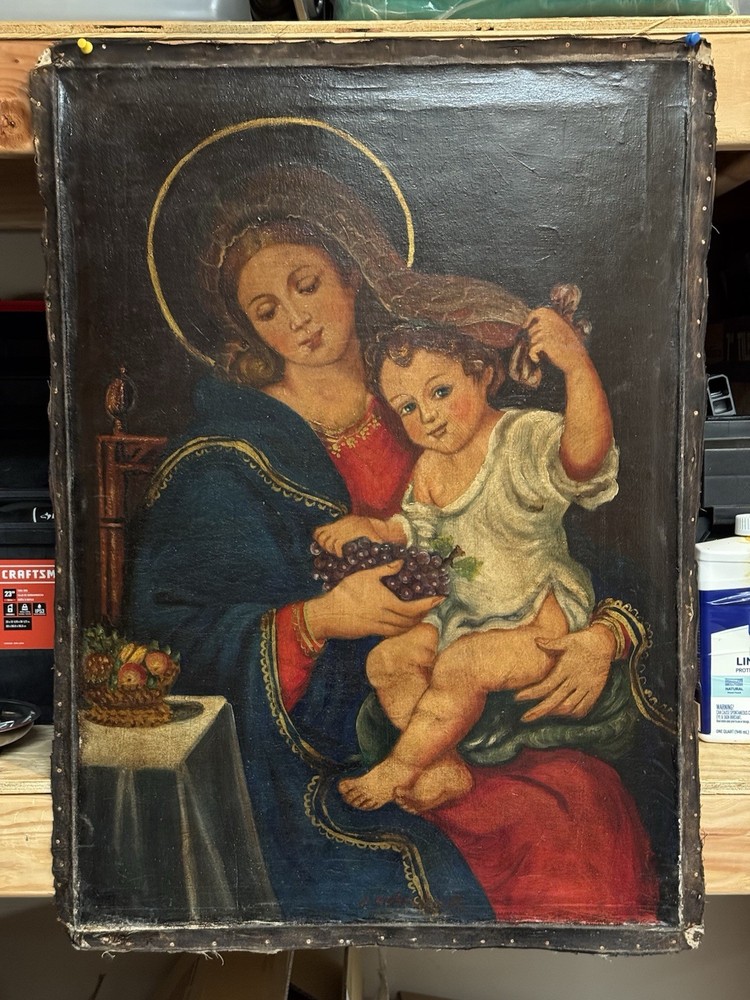 Antique Cusco School Peru Oil Painting Madonna With Child. 21 X 29 Inches