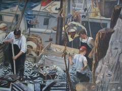 Antique Painting Fisherman Workers Industrial Regionalism Wpa Style Nautical Oil