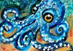 ORIGINAL ACEO Painting Blue OCTOPUS Sea Ocean Squid Fish Marine 8 Legs ATC ART