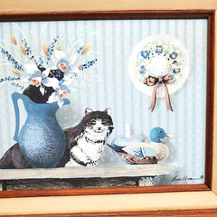 Framed Hamilton Cat & Duck Decoy Oil Painting Folk Country, Cabin Farm House