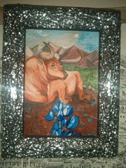 Texan Longhorn Painting with Mosaic Mirror 7″×9″ Frame. My First Official Work!