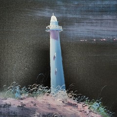 Morgan Vintage Original Oil Painting Lighthouse Moonlit Seascape Framed 41×29