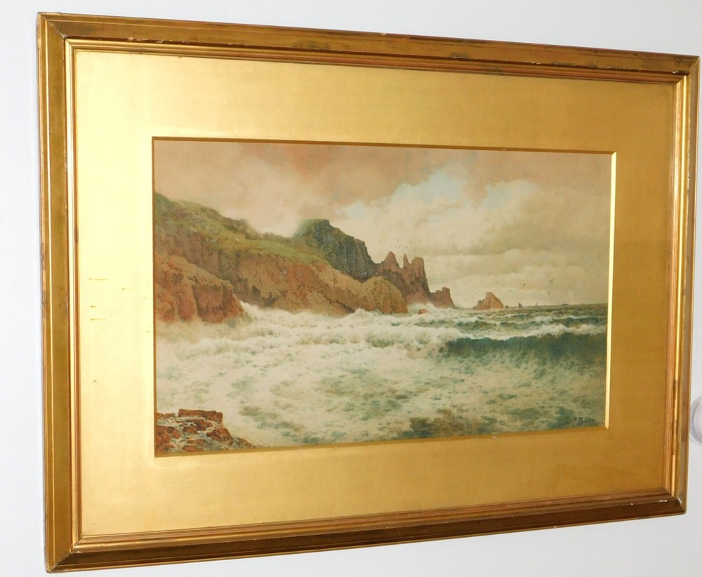 Arthur Suker Antique Watercolor Seascape Painting Storm Surf Rocks Signed framed