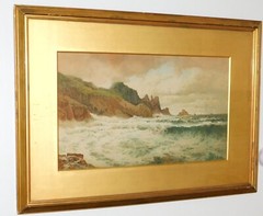Arthur Suker Antique Watercolor Seascape Painting Storm Surf Rocks Signed framed