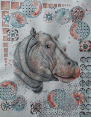 Hippo. 11×14″ Mixed Media On Paper. Original art. Artist: Amie Hanusosky