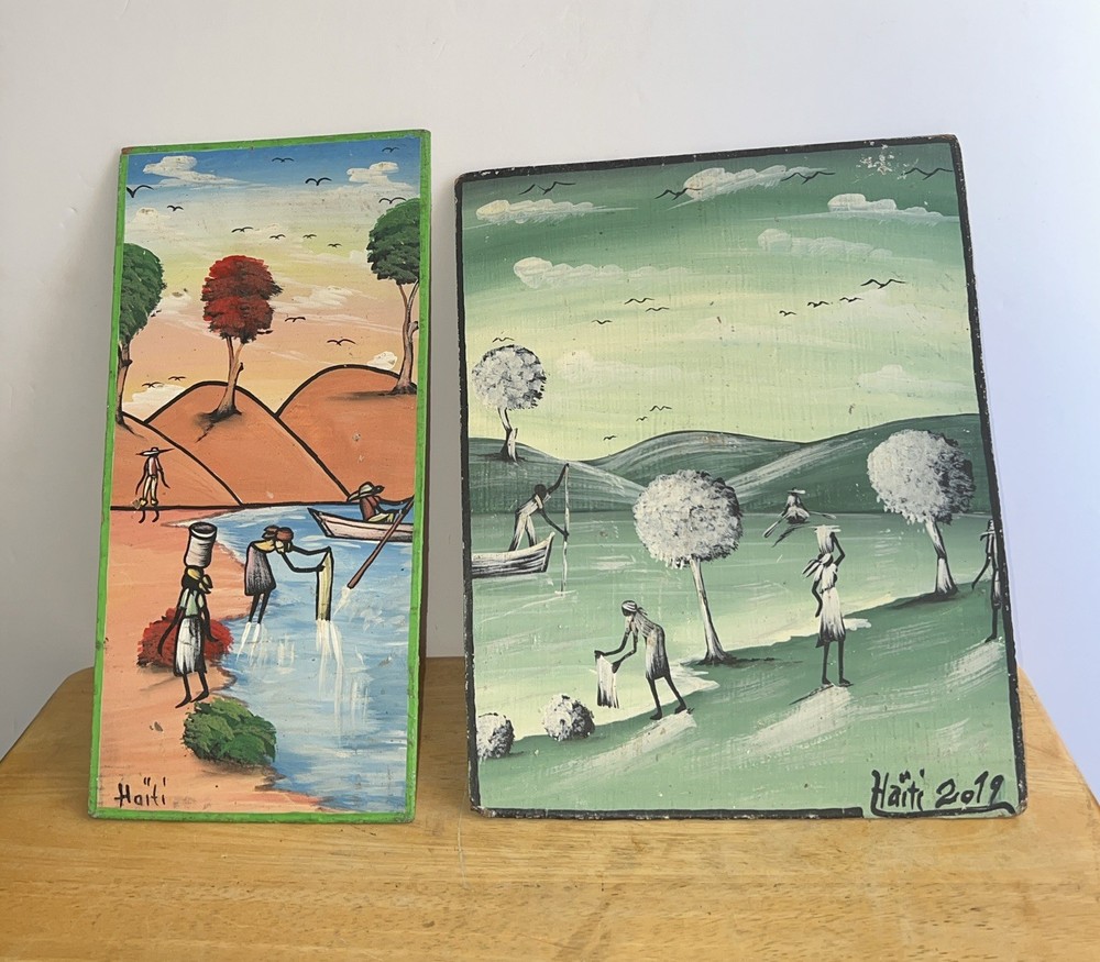 Haitian 2019 Lot Of 2 Hand Painted Folk Art, Waterside Settings & Landscapes
