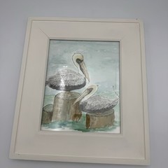 Watercolor Art Pelican Framed Signed 15×13 Original Artist Beach Cottage Decor