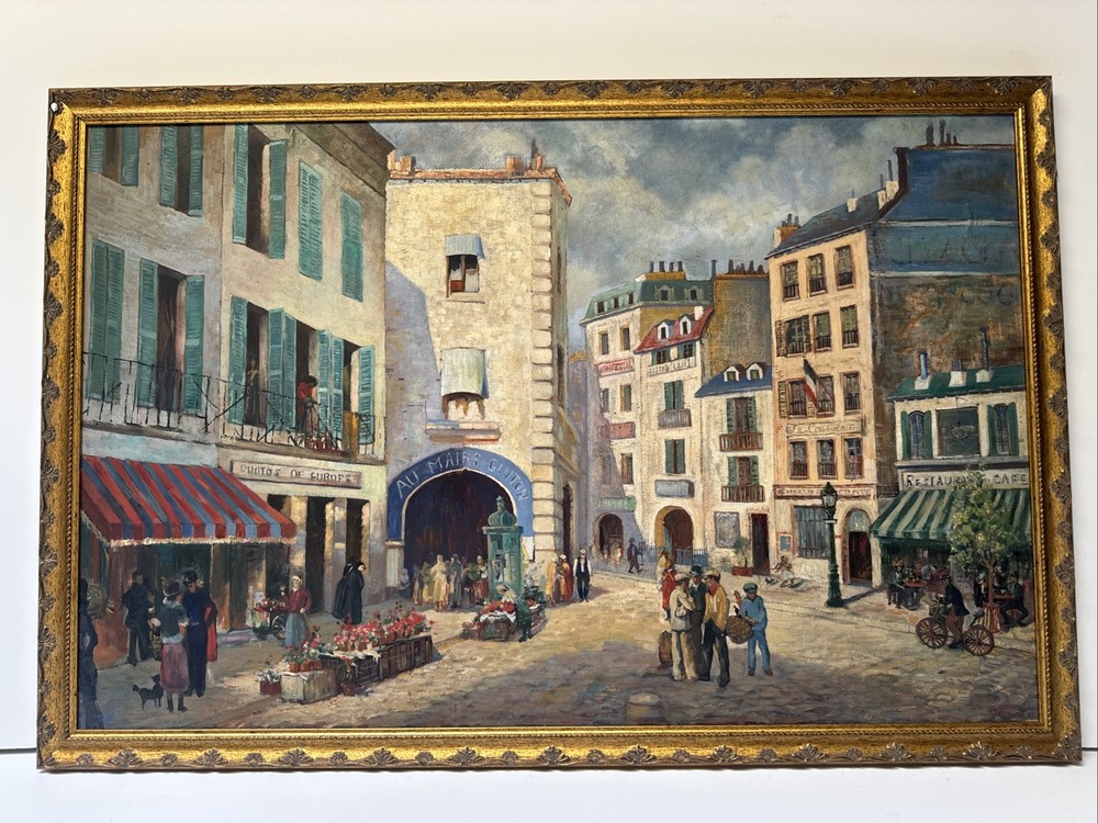 Paris France Painting French Large Oil Street Scene City Life Greenwood Vintage