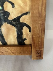 Vintage Rustic Ink Painting On Wood In Wood Frame