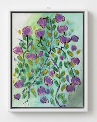 Original Abstract Floral Purple Flowers Painting on Canvas – Signed Framed