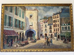 Paris France Painting French Large Oil Street Scene City Life Greenwood Vintage