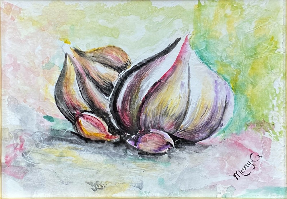 Garlics Original Watercolor Gessoed Paper Matted, Signed, Gold Frame by artist