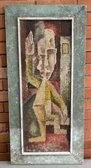 Vintage 1960s Abstract Cubist Figural Painting Mid Century Modern Wall Art Hobdy