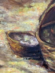 Maria Fernandez, 1985, Vintage Oil Painting, Woman with Basket