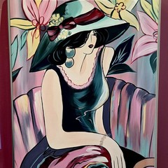 Original Acrylic Painting Elegant Woman in Floral Hat Portrait Fashion Wall Art