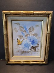 ​Vintage Serrano Signed Blue Morning Glory Butterfly Oil Painting Bamboo Gold Fr