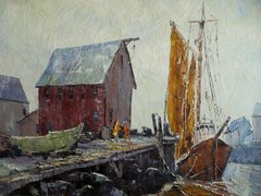 FRANCIS PULITO, LISTED CT CONNECTICUT DOCK HARBOR BOATS MODERNIST 70s CHUNKY OIL