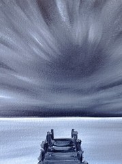 Original Painting Bridge Lake Sky Black White Art Landscape Oil 18 x 14 in