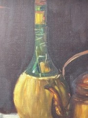 Vintage Still Life Original Oil Painting Wine Fruit Glass Kettle Realism Ornate