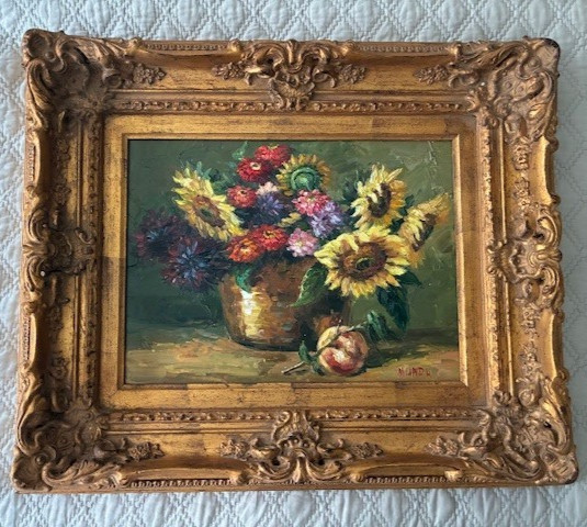 VTG 24”X 21” ORNATE GOLD FRAME W/ 15” X 11” “MONDU” FLORAL OIL PAINTING, EX COND
