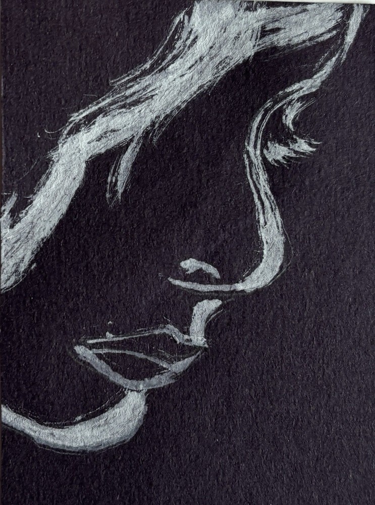 Original ACEO Female Portrait White Acrylic Miniature Art On Black Paper OOAK