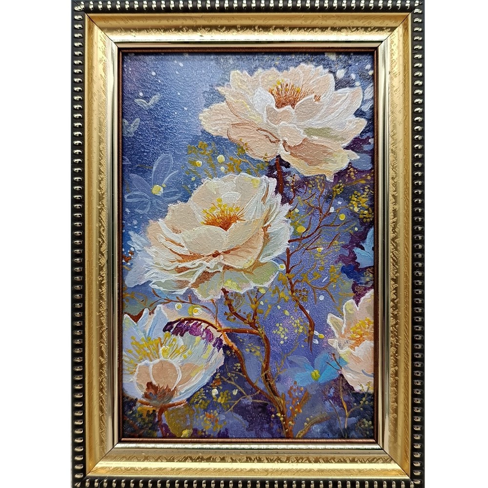 White Peonies Original Oil Painting 4×6 Framed Signed Floral Impasto Wall Art