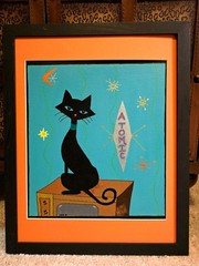 My Original Acrylic Painting on canvas board. Atomic MCM Black cat. 15×12. OOAK